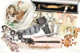 A BOX OF ASSORTED ITEMS, to include a large gold plated silver ID bracelet, fitted with a curb chain
