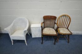 A WHITE PAINTED WICKER ARMCHAIR, a white painted linen basket, along with two other chairs (