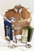 A BOX OF ASSORTED WHITE METAL WARE, to include a boxed pair of 'Harrods' silver sugar tongs with