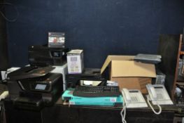 A COLLECTION OF OFFICE ELECTRICAL ITEMS including three HP Office jet printers (two with error