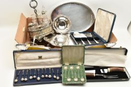 A BOX OF ASSORTED WHITE METAL, to include three white metal trays, a condiment stand with five glass