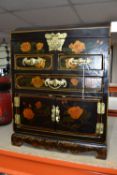 A MODERN ORIENTAL STYLE CABINET, decorated with transfer print peach coloured roses, a gilt metal