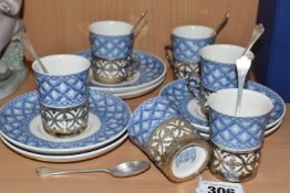 A GROUP OF SIX SILVER MOUNTED SPODE COFFEE CANS AND SAUCERS in Spode's 'Geranium' pattern comprising