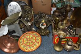 TWO BOXES AND LOOSE ASSORTED METALWARES to include a copper pedestal bowl, a group of Spanish plated