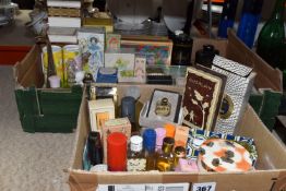 TWO BOXES OF PERFUMES AND TOILETRIES, many vintage, to include perfume bottles (some with partial