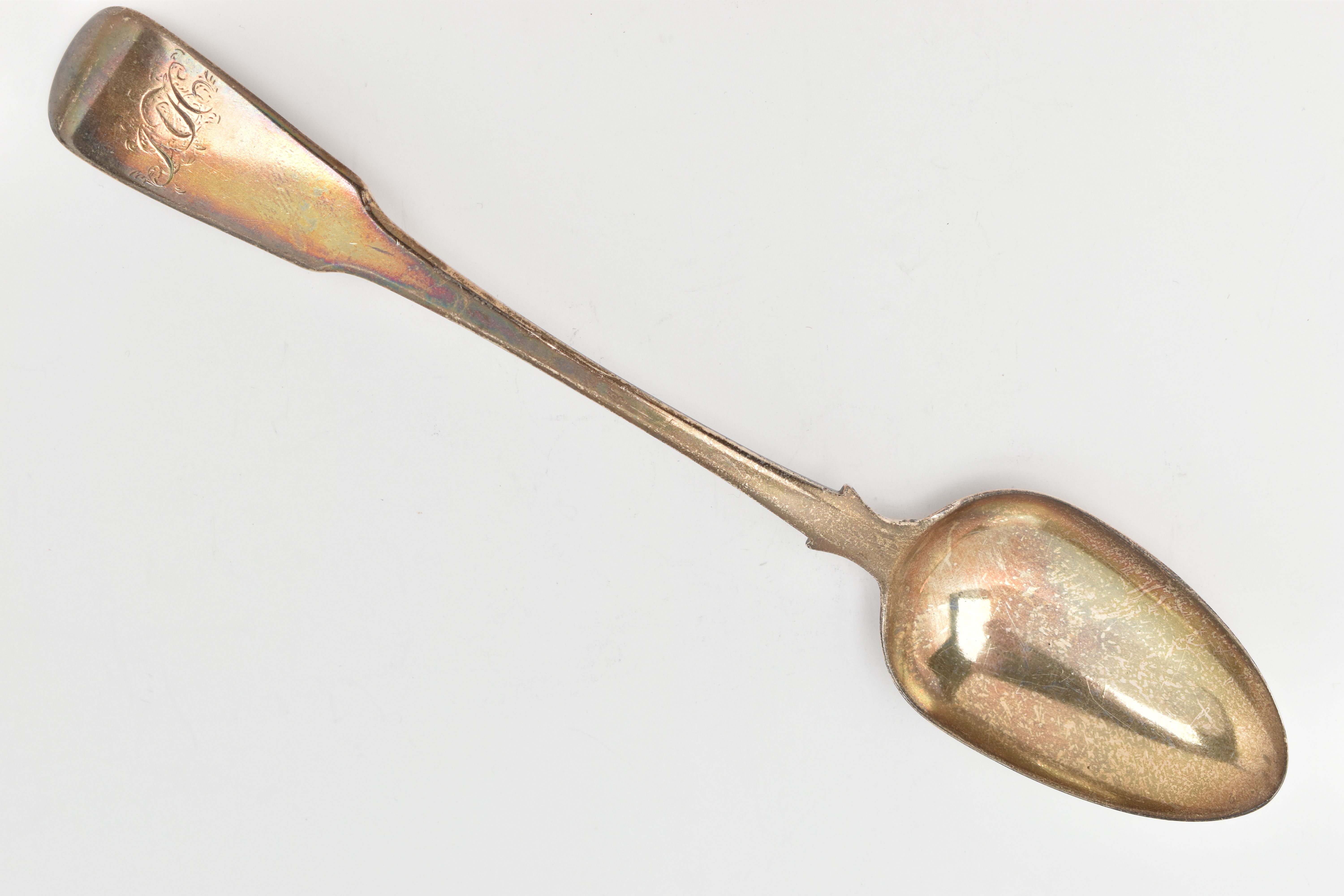A GEORGE III SILVER SERVING SPOON, fiddle pattern spoon with monogram engraving, hallmarked 'Sarah &