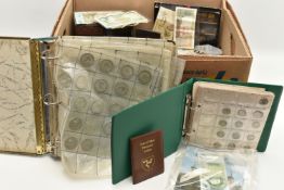 A LARGE CARDBOARD BOX CONTAINING MIXED COINS ETC, to include over 3 Kilo of Pre 1947 coins Half-