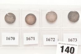 A DATE RUN OF CHARLES II 3d COINS 1670, 71, 72, 73 all F/VF with minor imperfections (4)