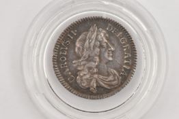 A CHARLES II THREE PENCE 3d COIN 1674 A/EF, signs of extra X in REX