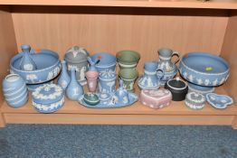A COLLECTION OF WEDGWOOD JASPERWARE, twenty five pieces, to include a pink vase, height 10cm, a pink