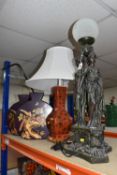 A GROUP OF LAMPS AND ORNAMENTS to include a pair of red 'dragon patterned' table lamps fitted with