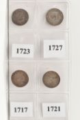 A GROUP OF THREE PENCE 3d COINS GEORGE I, all VF, dates to include 1717, 1721, 1723, 1727 (4)
