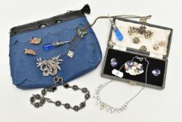 A COLLECTION OF COSTUME JEWELLERY, to include a cased Royal Crown Derby brooch and earring set (AF),