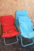 THREE FOLDING GARDEN CHAIRS two in turquoise and one in red (3)