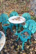 A SET FOUR OF MODERN CAST GARDEN CHAIRS, and a Victorian style cast iron pub table, with tripod base