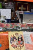 A BOX OF ROYAL COMMEMORATIVE AND MISCELLANEOUS ITEMS to include a boxed set of six silver plated