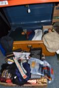 A CHEST AND TRAY OF VINTAGE CLOTHES AND ACCESSORIES to include a large quantity of ties from high