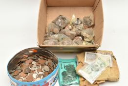 A ROSES TIN OF MIXED COINS, to include 200 grams of Pre 1947 Silver coins, banknotes etc