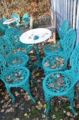 A SET SIX OF MODERN CAST GARDEN CHAIRS, with foliage and hummingbird to back rest, and a Victorian