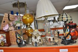 A GROUP OF TABLE LAMPS AND SUNDRIES, comprising a pair of Tiffany style bedside lamps in the form of