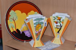 TWO LIMITED EDITION WEDGWOOD BRADFORD EXCHANGE SUNRAY 'CLARICE CLIFF' VASES, comprising 'Orange Roof
