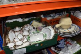 FIVE BOXES AND LOOSE CERAMICS, to include a collection of blue and white ceramics including Minton