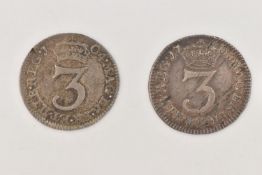 A PAIR OF QUEEN ANNE THREE PENCE 3d COINS, to include 1704 F/VF (damage 8 o'clock rev) 1705 F (2)