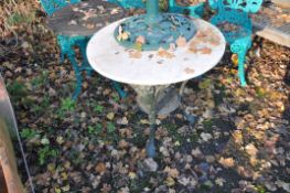 TWO VICTORIAN STYLE CAST IRON PUB TABLES, one with a white marble, 74cm round top, the other with