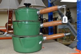 THREE CHASSEUR 'INVICTA' CAST IRON SAUCEPANS, with lids, pouring lips, wooden handles, green