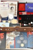 A LARGE CARDBOARD BOX CONTAINING COINS AND COMMEMORATIVES, to include two x 1/200 oz 24ct Gold Proof