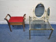 A BRASS LAMP TABLE, with a smoked glass surface, width 79cm x depth 72cm x height 49cm, a triple