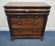 A 19TH CENTURY MAHOGANY SCOTTISH CHEST OF FIVE LONG DRAWERS, with octagonal pillars, raised on