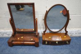 A 19TH CENTURY MAHOGANY DRESSING TABLE MIRROR, with a bow front base, fitted with three drawers,