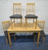 A MODERN BEECH RECTANGULAR TABLE, width 118cm x depth 76cm x height 76cm, along with a set of four