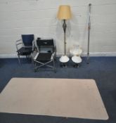 A PAIR OF YELLOWSTONE FOLDING CAMPING CHAIRS, a pair of stacking chairs, a standard lamp, three