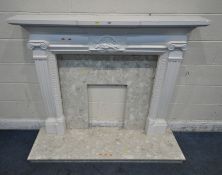 A MARBLE FIRE PLACE, with a plaster fire surround, overall width 153cm x depth 48cm x height