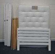 A MODERN WHITE 4FT6FT BEDSTEAD, with a Dreams mattress (condition report: siderails, slats, bolts,