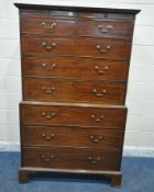 A GEORGIAN MAHOGANY CHEST ON CHEST, fitted with two short over six long drawers, raised on bracket