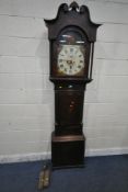 A GEORGIAN OAK AND MAHOGANY EIGHT DAY LONGCASE CLOCK, with twin swan neck pediment, the arched glass