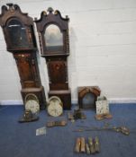 THE GEORGIAN LONGCASE CLOCKS, one oak and one mahogany, a hood, three dials, three movements,