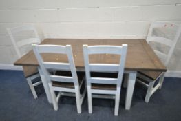 A PARTIALLY PAINTED RECLAIMED WOODEN EXTENDING TABLE, with a single fold out leaf, raised on