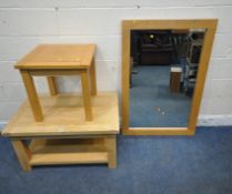 AN OAK RECTANGULAR COFFEE TABLE, width 90cm x depth 60cm x height 50cm, a lamp table, along with a