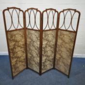 AN EDWARDIAN MAHOGANY FOUR SECTION FOLDING SCREEN, with glazed top, above tapestry panels, fully