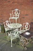 A CAST ALUMINIUM GARDEN TABLE AND FOUR CHAIRS, along with an occasional table diameter 80cm,