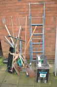 A COLLECTION OF GARDEN ITEMS, to include garden forks, spades, loppers, a Retracta auto-rewind