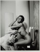 John Stoddart, British 20th/21st Century, Elizabeth Hurley nude, seated on a gilt bronze crown f...