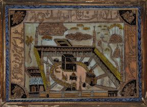 To Be Sold With No Reserve Two reverse-glass paintings of Mecca and Medina, the first depicting...