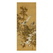 Shima Kinryo (1782 - 1862) A Japanese painting, ink and colour on silk, depicting a pair of bird...