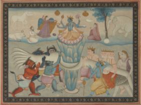 Churning of the ocean of milk, Kangra, India, circa 1810, opaque pigments on paper, an illustra...