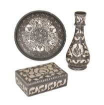 To Be Sold With No Reserve A silver inlaid bidri bottle vase, casket and dish, Lucknow, North In...